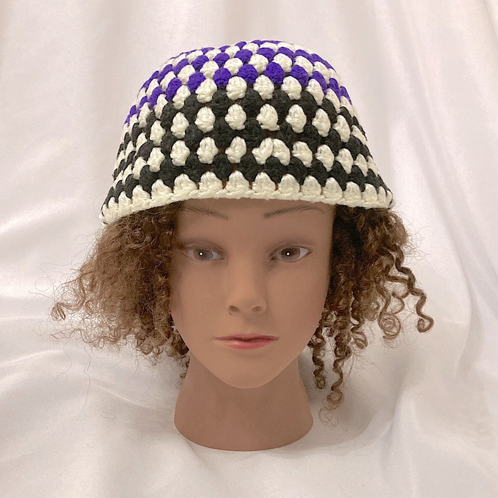 ⭐️ Vintage Hand Knit Beanie Purple Black And White Striped Winter Hat